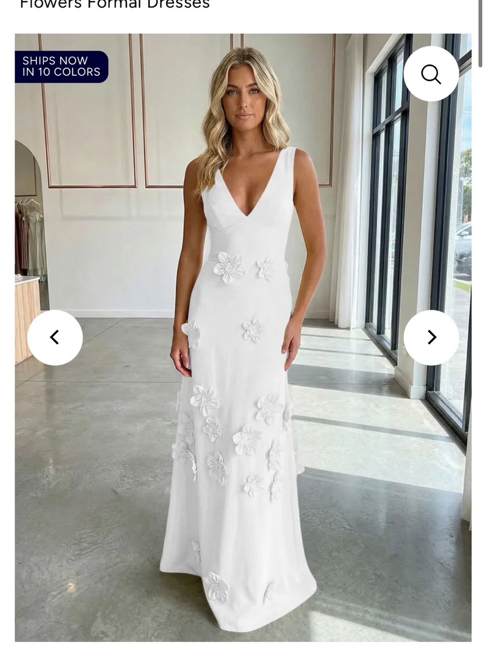 V-Neck White Floral Appliqué Evening Dress